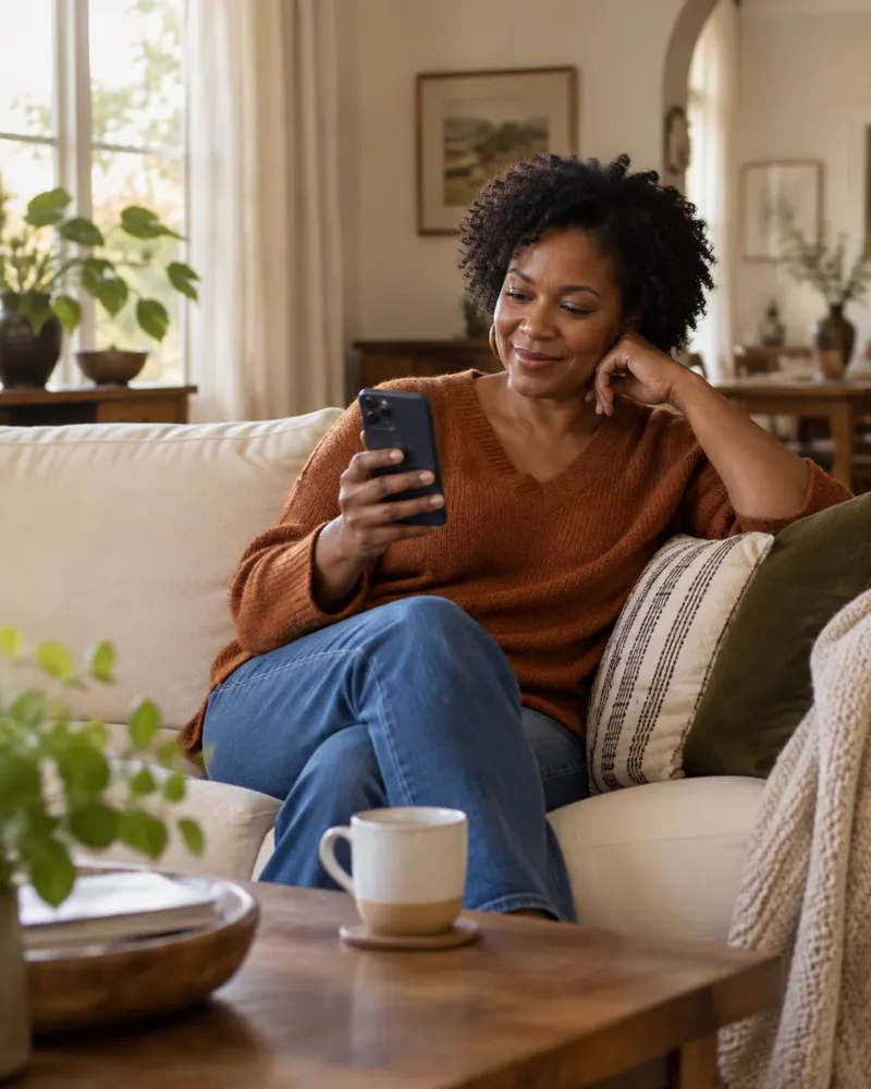 A woman relaxing on her living room sofa, smiling at a drink recommendation on her phone with a coffee mug nearby