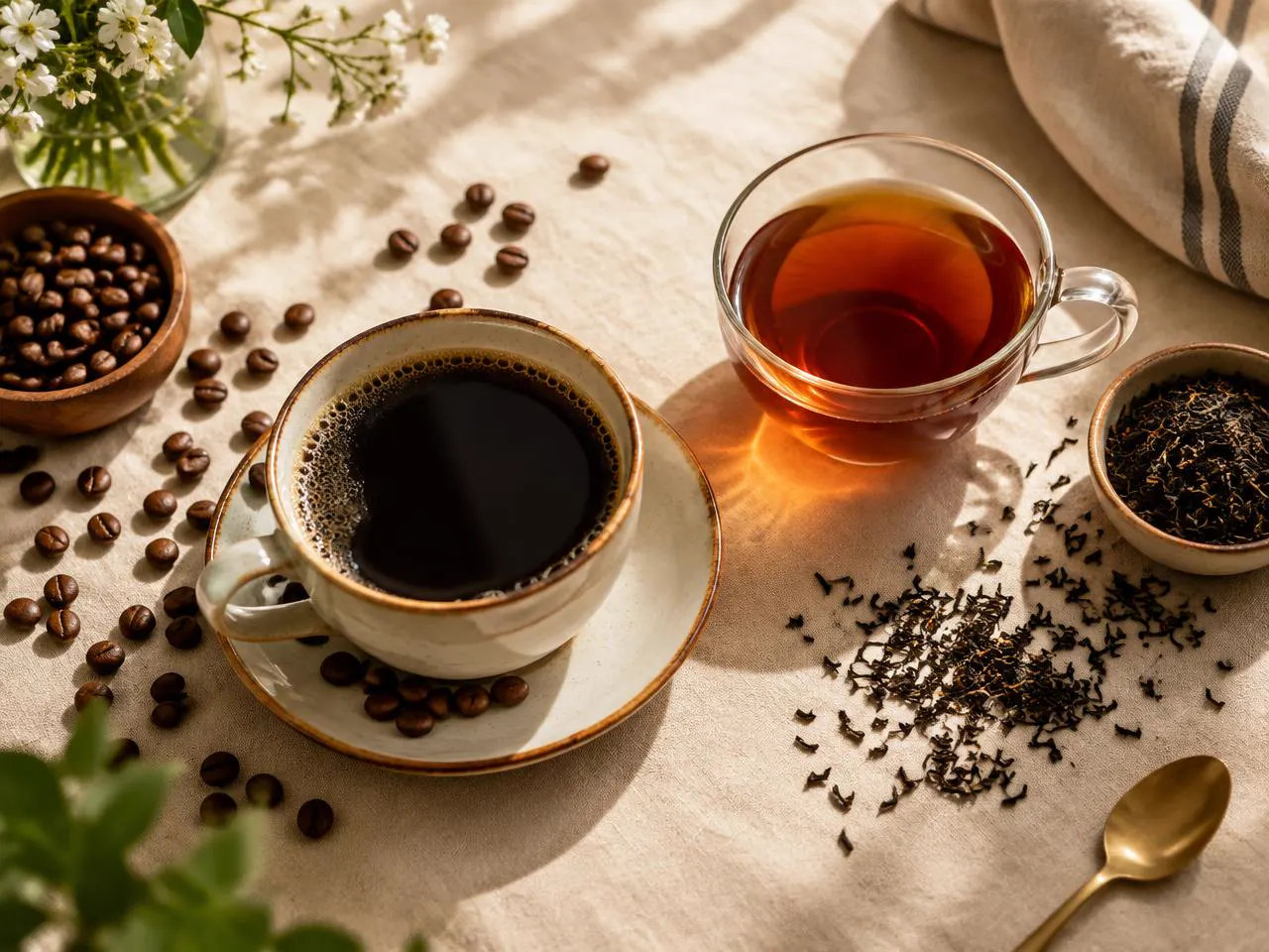 A cup of black coffee and a glass of amber tea on a linen tablecloth